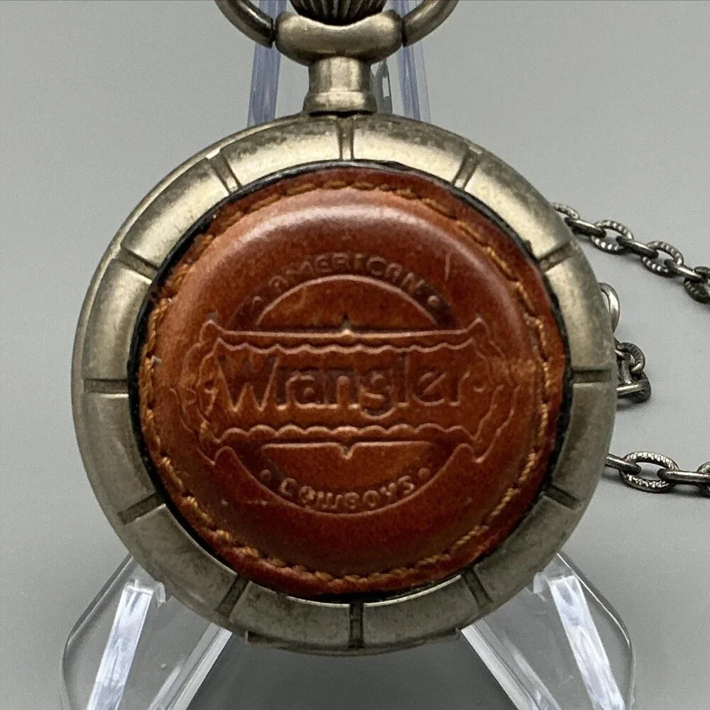 Vtg Wrangler Pocket Watch Men 45mm Silver Tone Leather Logo Chain New Battery